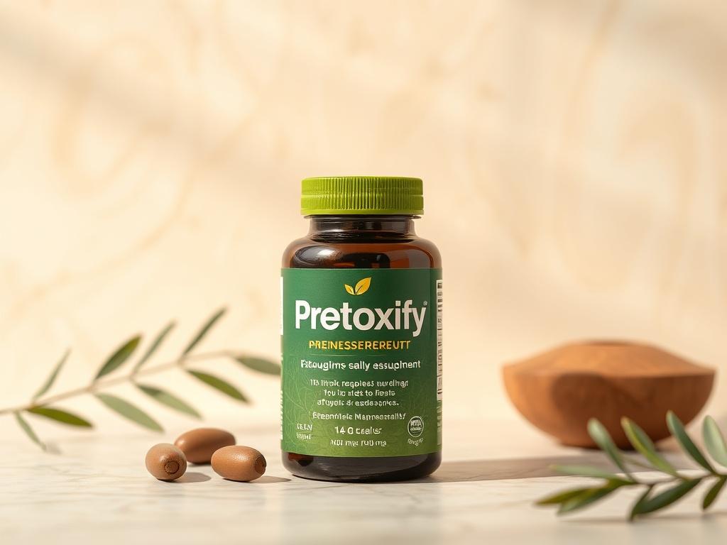 A close up shot of Pretoxify supplement packaging on a